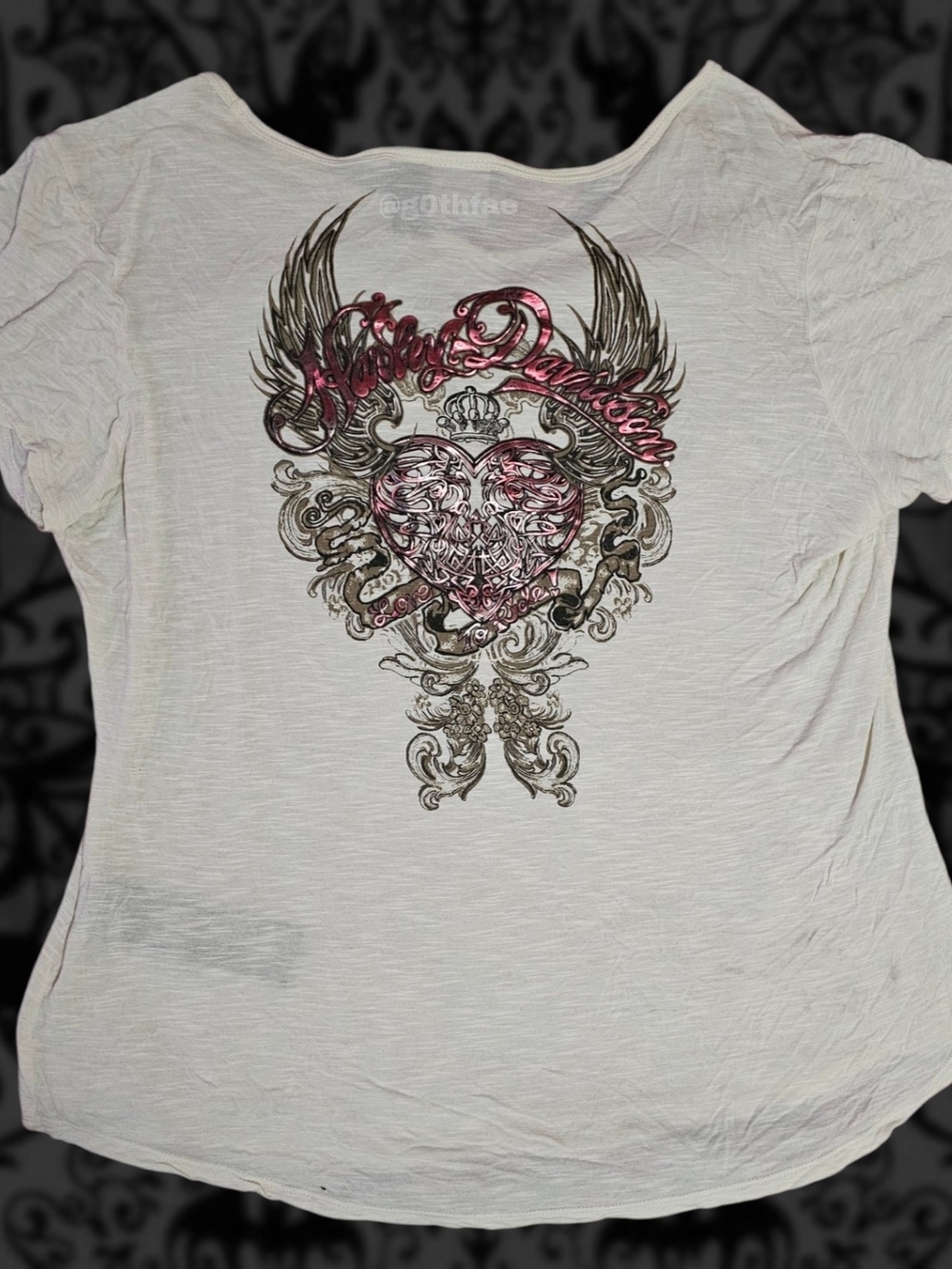 Harley-Davidson 2XL White & Red Metallic Winged Heart Short Sleeve Women's Top